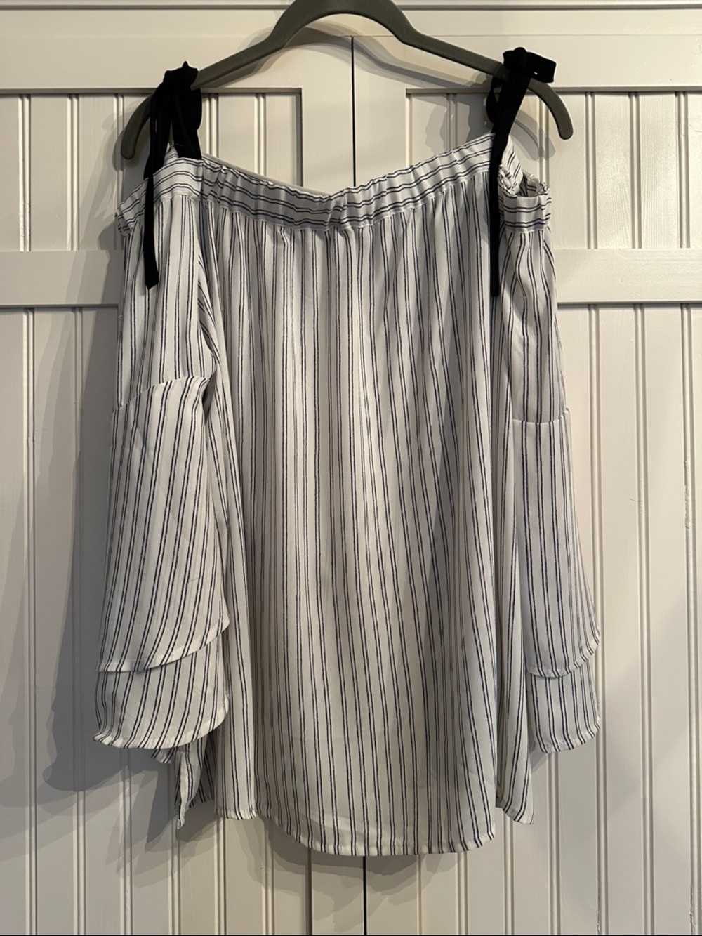 LOFT White Blouse Cold Shoulder with Black Tie Straps and Pinstripes Size L